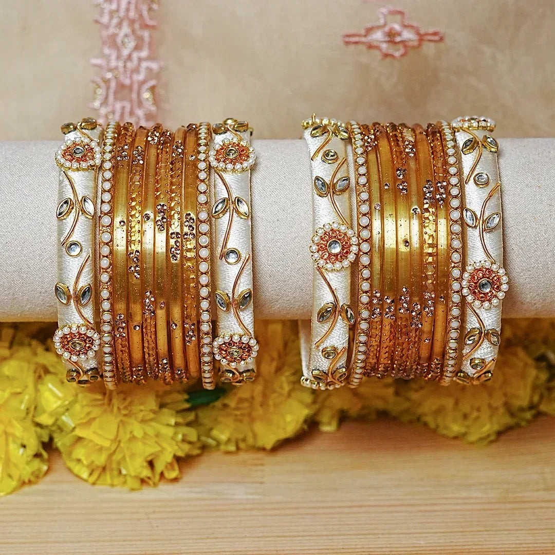 Traditional Thread Work Mini Glass Bangles Set for Women (Both Hands) - The Golden Cascade